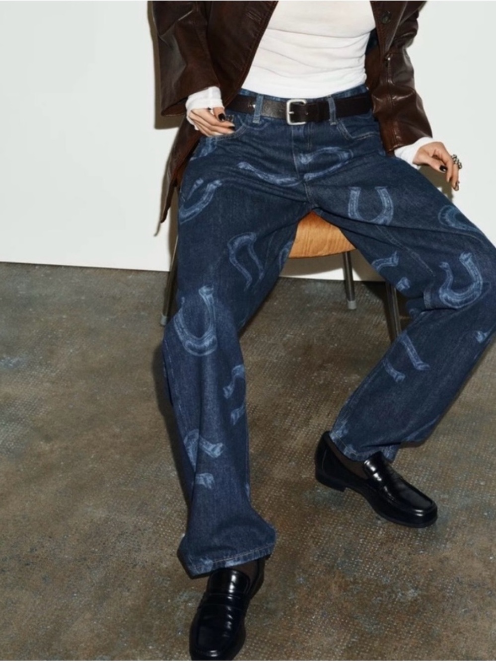 Zara Dark Blue Straight-Leg Horseshoe Printed Cowboy Western Denim Jeans - Picture 10 of 12